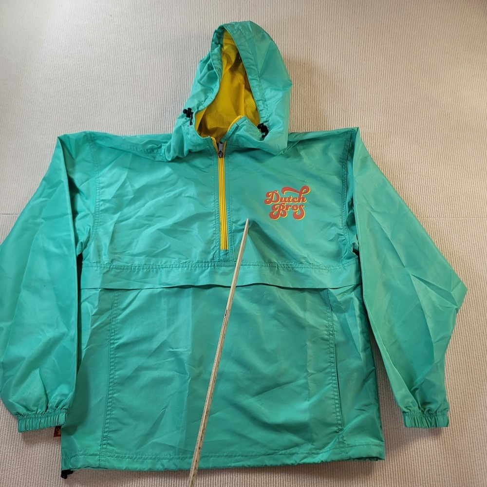 Dutch Bros Windbreaker Jacket Mens Medium Mint Green Yellow Hoodie Lightweight